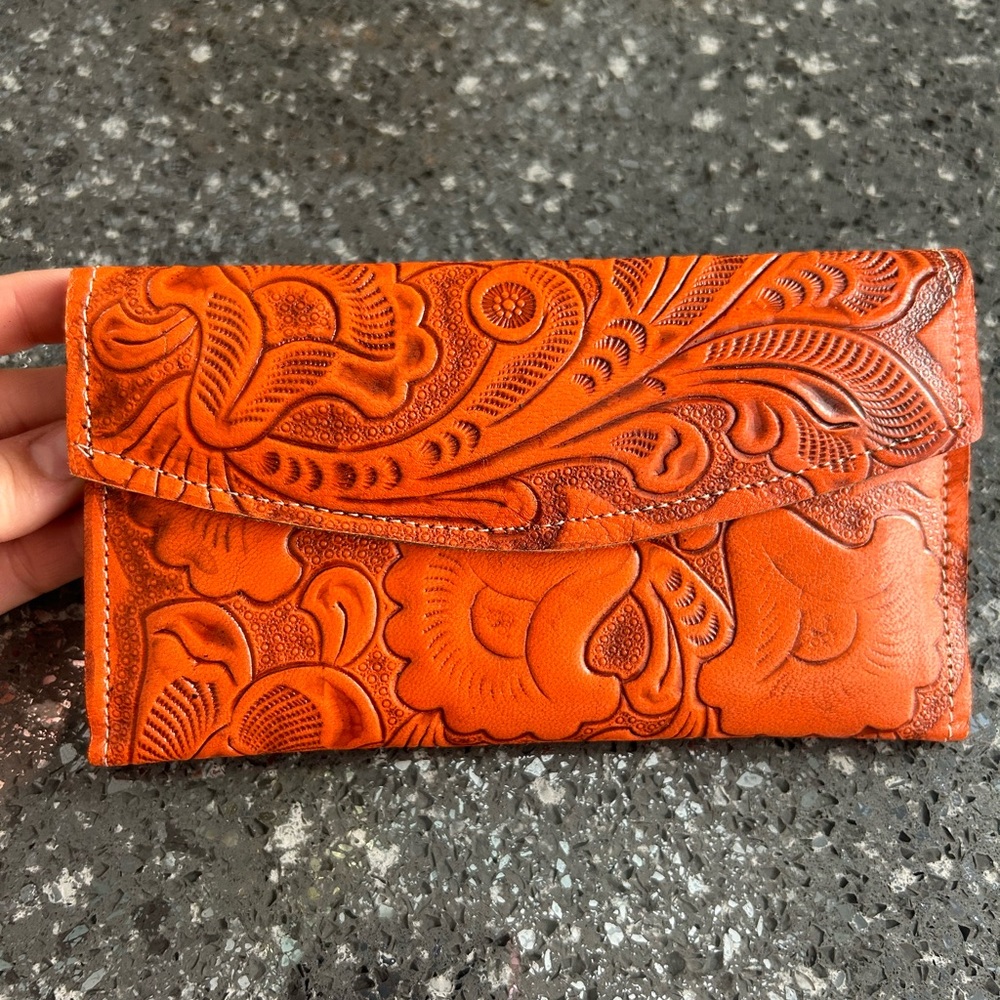 Beautiful Flower Orange Tooled Leather Wallet